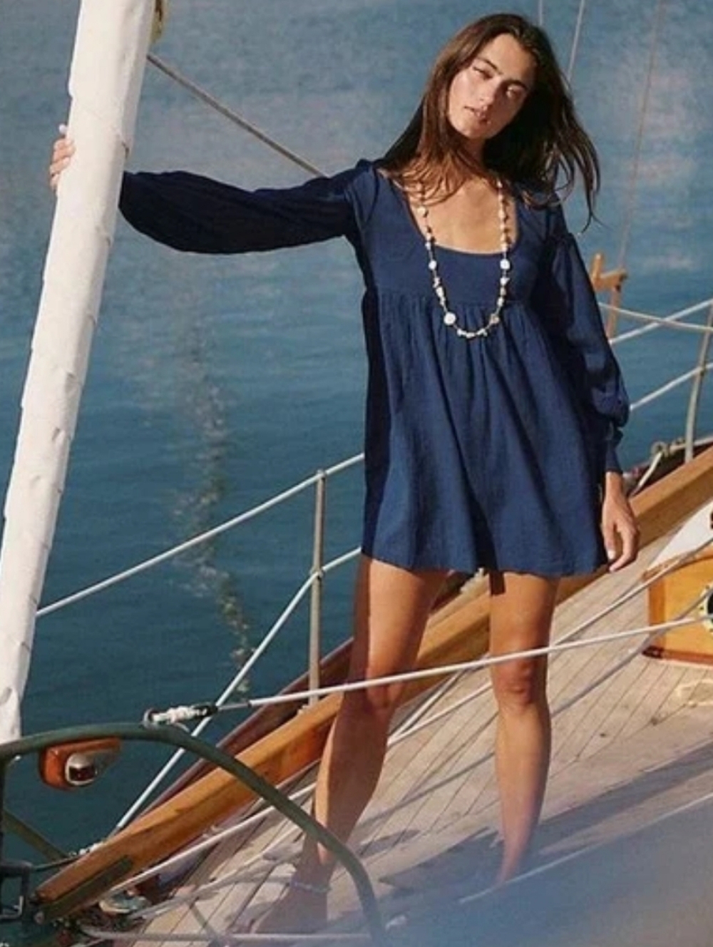 Free People Arlo Mini Dress XS Blue Gauze Cotton Babydoll Long Sleeve Boho